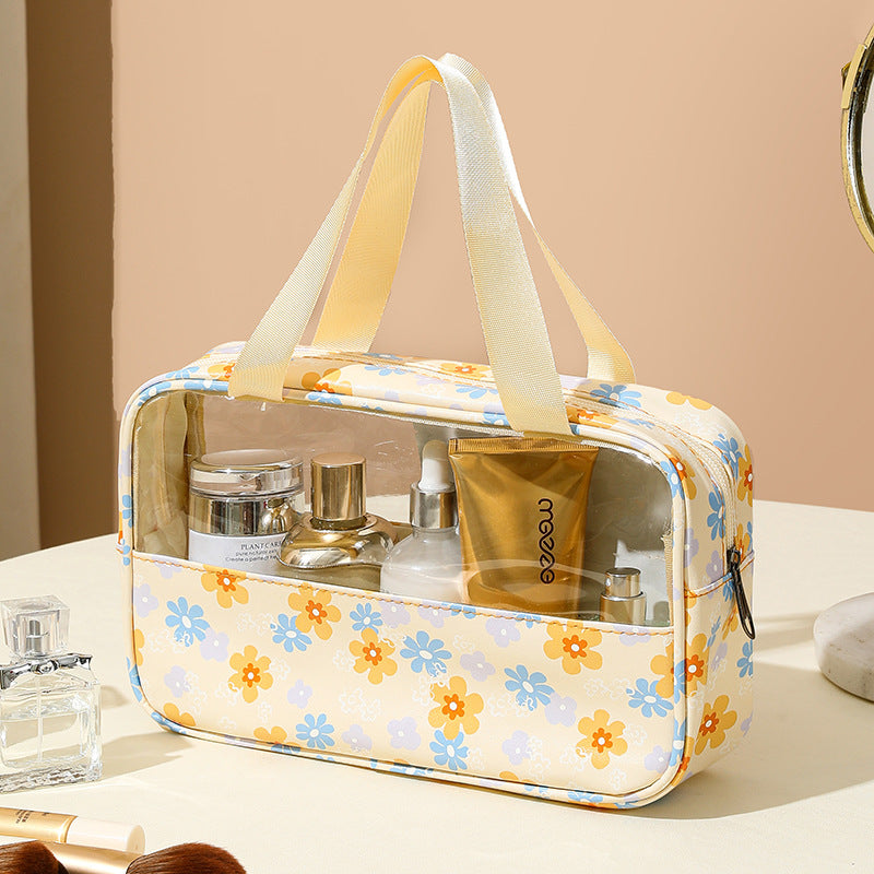 Yellow Floral Cosmetic Bags, PU Leather Clear Makeup Bag Travel Makeup Bag