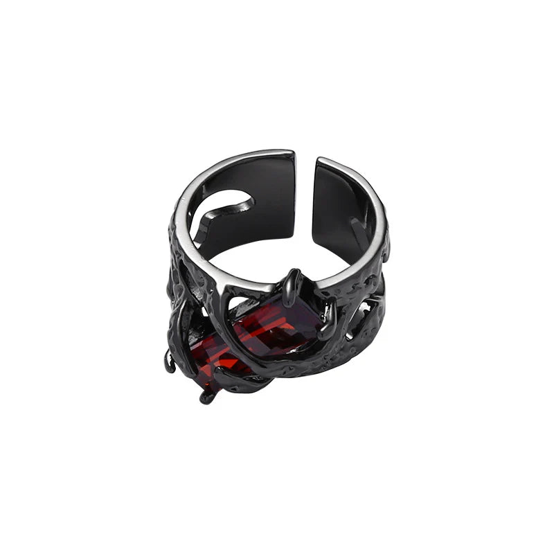 (Stainless)Gothic Black Wrap Ring with Fiery Red Rhinestone | Bold, Edgy, and Unique Statement Jewelry