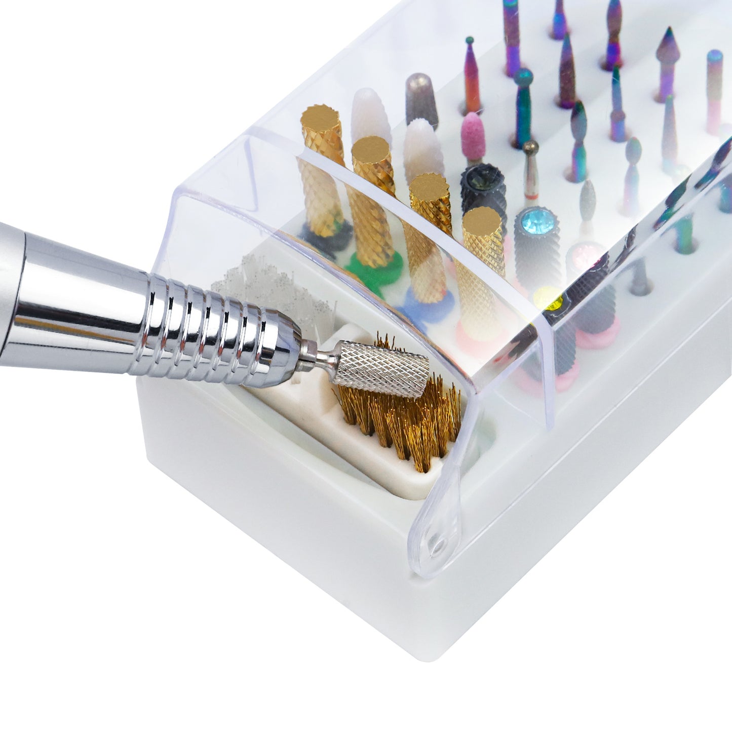 2 in 1 Nail Drill Bit Holder and Nail Drill Bits Cleaner Brush Case, 30 Holes Dust-proof Nail Bit Holder Organizer Display Storage Box, Nail Bit Cleaning