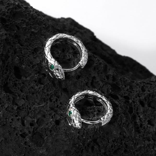 (Stainless)Snake-Embrace Alloy Hoop Earrings with Green Gem Eyes