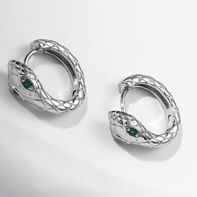 (Stainless)Snake-Embrace Alloy Hoop Earrings with Green Gem Eyes