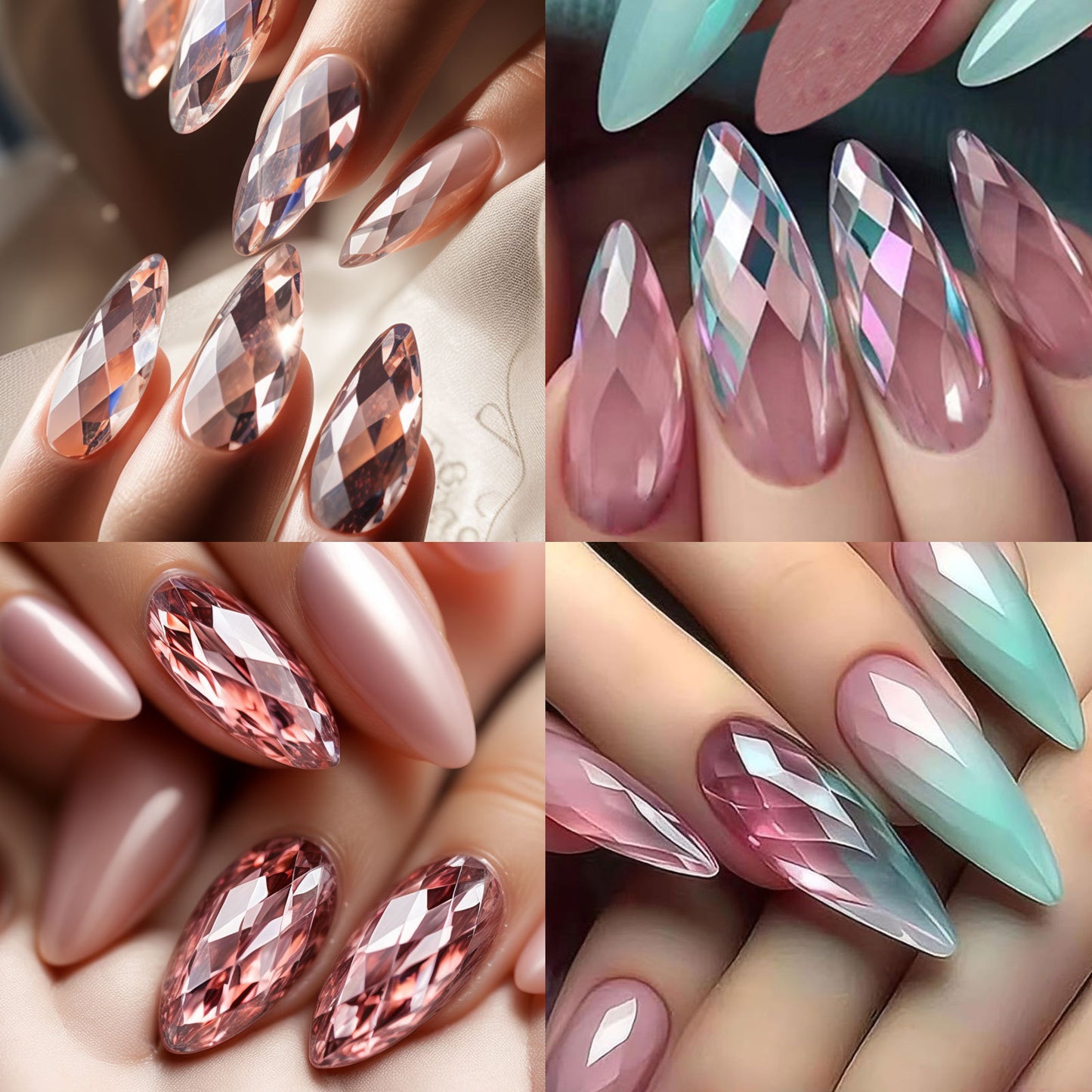 12 Different 3D Diamond Shape Designs Almond Nail Tips 120/140pcs Medium Nail Tips 14 Sizes Almond Shape Full Cover Acrylic Nails Clear Fake Nails for Nail Extension