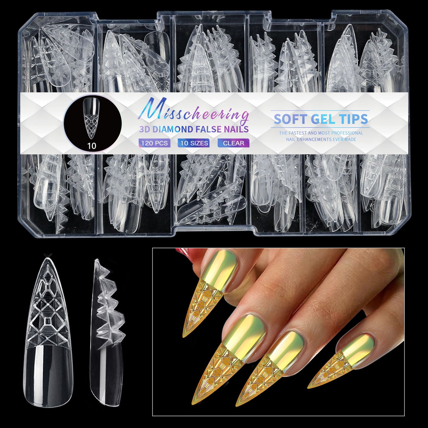 12 Different 3D Diamond Shape Designs Almond Nail Tips 120/140pcs Medium Nail Tips 14 Sizes Almond Shape Full Cover Acrylic Nails Clear Fake Nails for Nail Extension