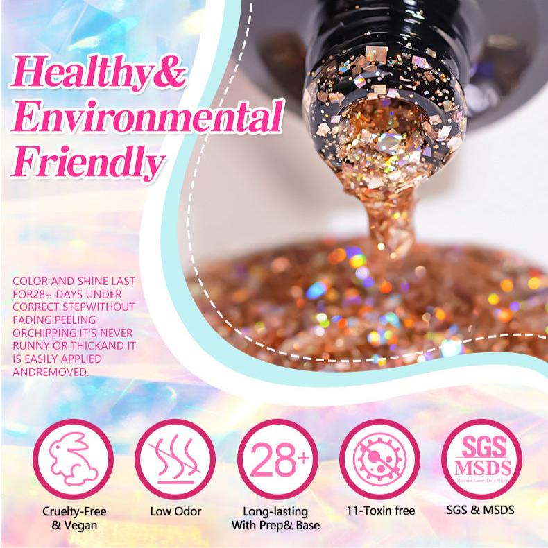 7.3ml Reflective Glitter Gel Polish (12 different color), Sparkly Shiny Gel Nail Art Varnish Manicure Kit, Soak Off LED Lamp