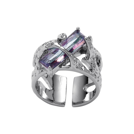 (Stainless)Dreamy Dual-Tone Gemstone Open Ring | Unique, Stylish, and Elegant Statement Piece