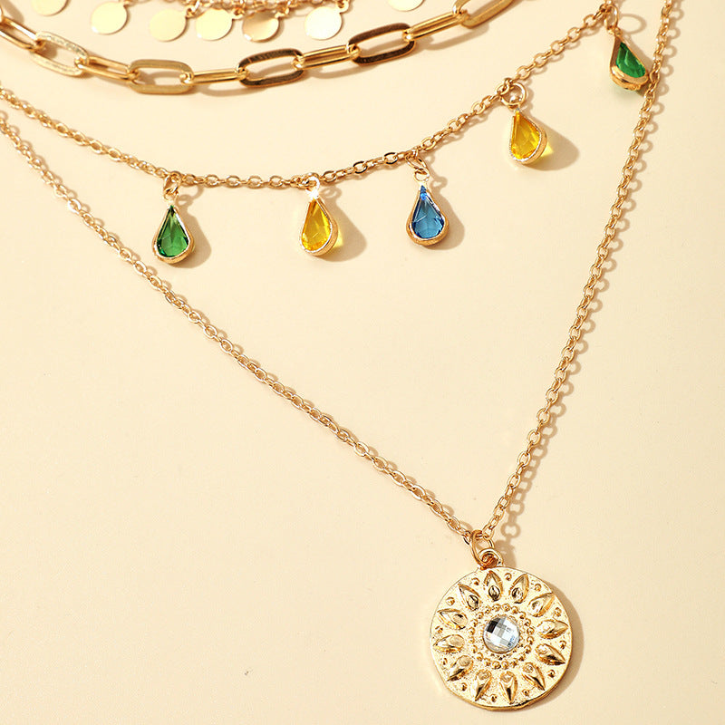 (Stainless)Boho Multi-Layered Gold Alloy Necklaces with Teardrop Charms and Sun Medallion