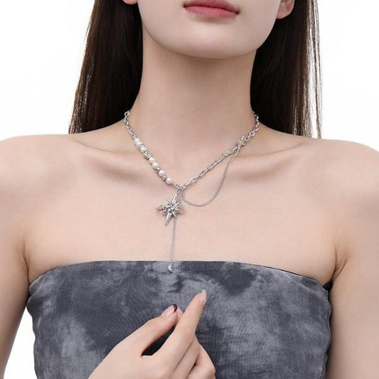 (Stainless)Starry Elegance: Pearl and Zircon Lariat Necklace