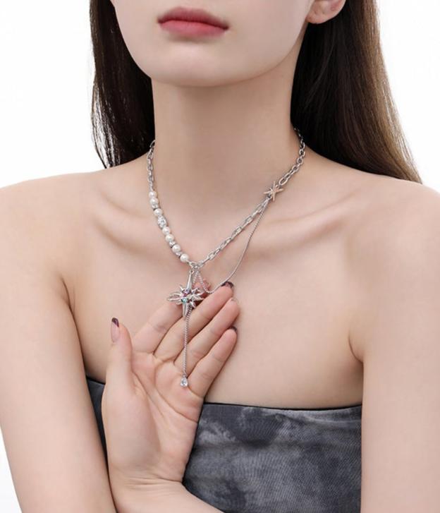 (Stainless)Starry Elegance: Pearl and Zircon Lariat Necklace