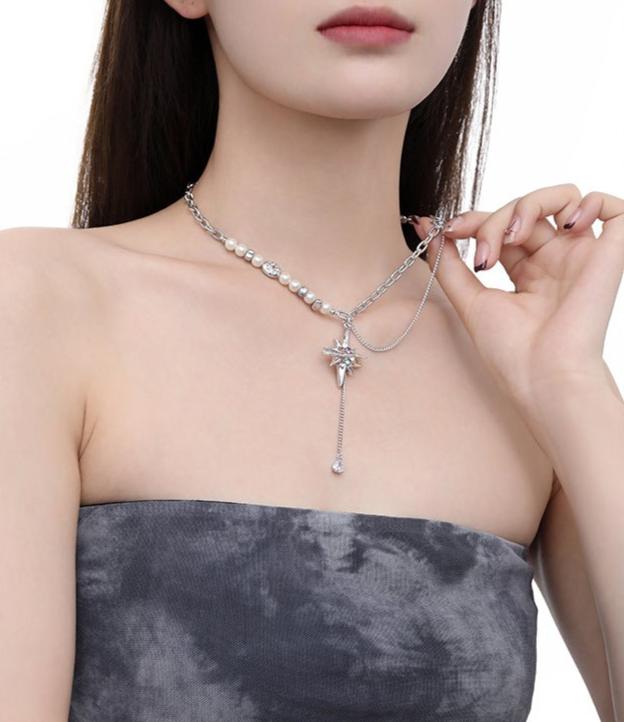 (Stainless)Starry Elegance: Pearl and Zircon Lariat Necklace