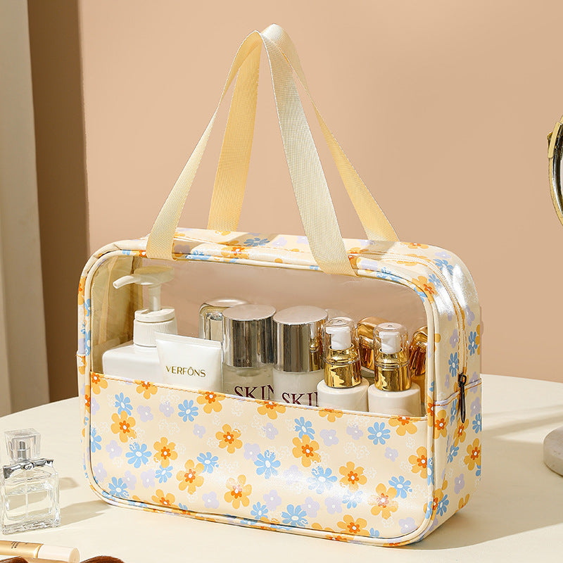 Yellow Floral Cosmetic Bags, PU Leather Clear Makeup Bag Travel Makeup Bag