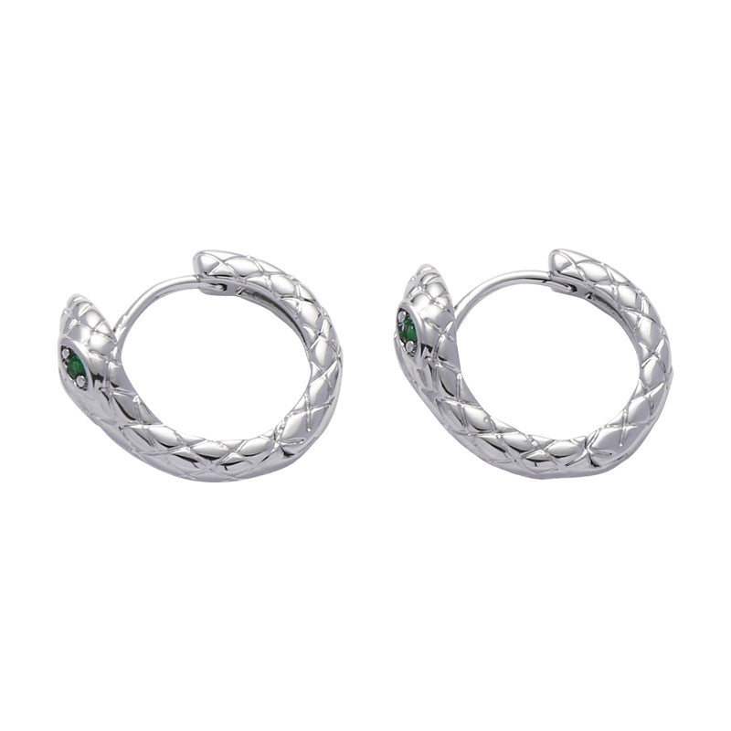 (Stainless)Snake-Embrace Alloy Hoop Earrings with Green Gem Eyes