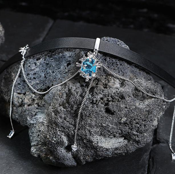 (Stainless)Edgy Blue Ice-Flower Glass Choker