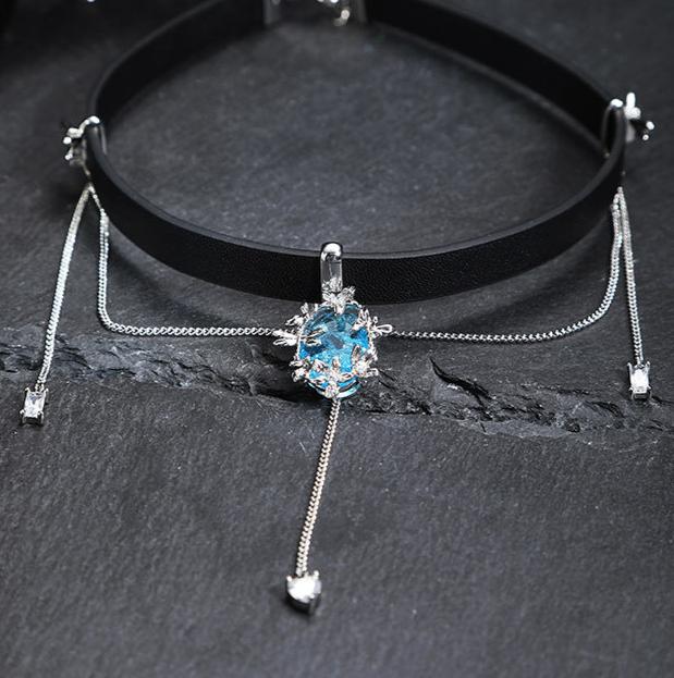 (Stainless)Edgy Blue Ice-Flower Glass Choker