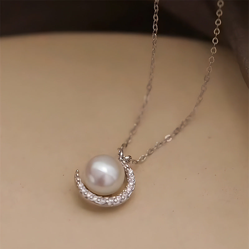 Moonlight Moissanite Pendant Necklace – 925 Sterling Silver with Natural Freshwater Pearl