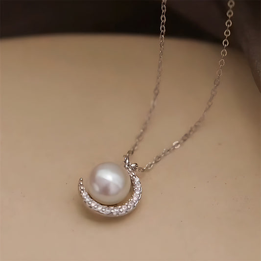 Moonlight Moissanite Pendant Necklace – 925 Sterling Silver with Natural Freshwater Pearl