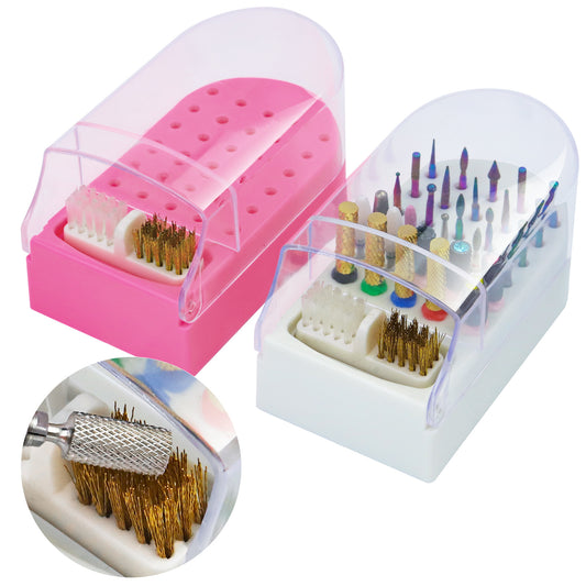 2 in 1 Nail Drill Bit Holder and Nail Drill Bits Cleaner Brush Case, 30 Holes Dust-proof Nail Bit Holder Organizer Display Storage Box, Nail Bit Cleaning