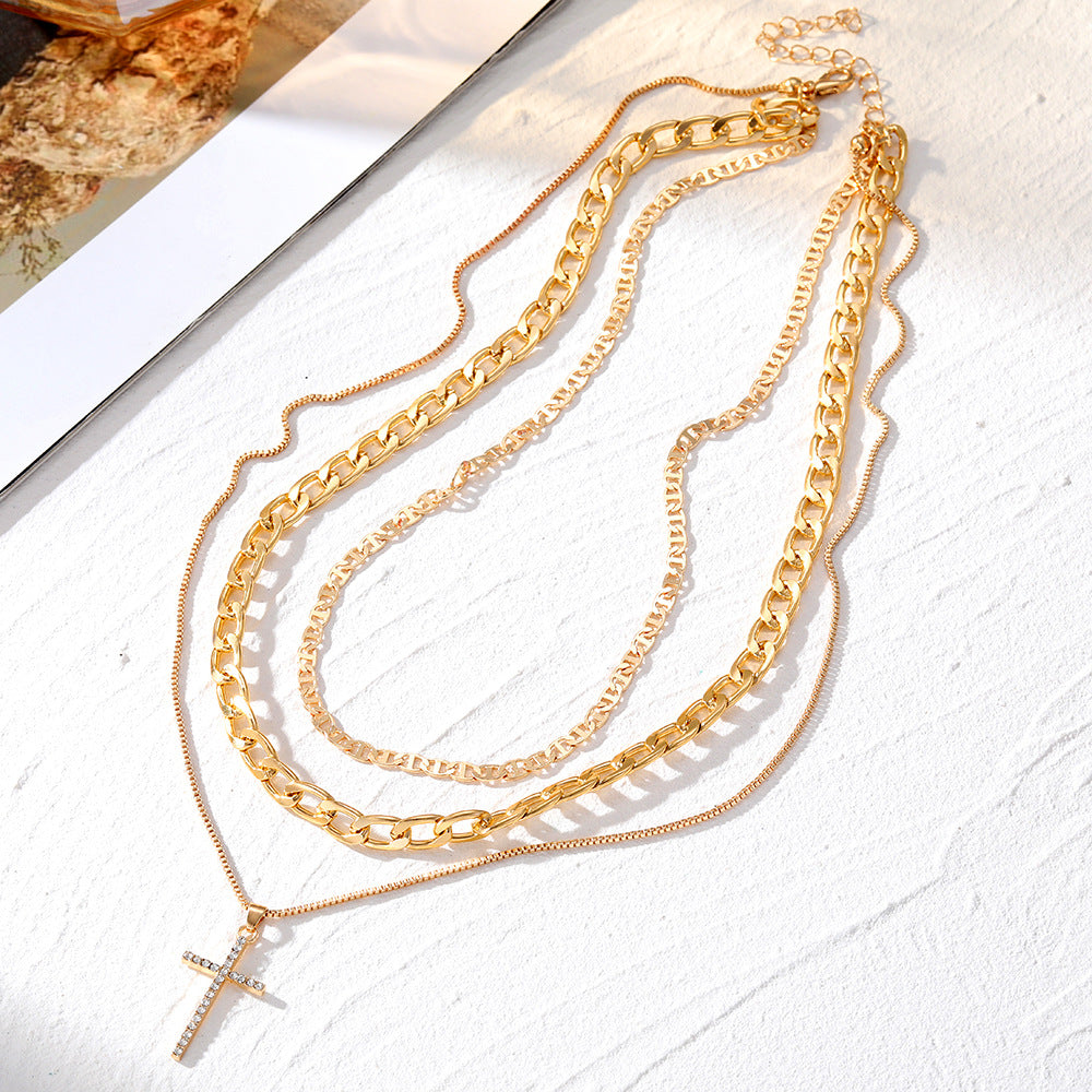(Stainless)Chic Elegance Layered Chain Necklace with Cross Pendant: Fashion Meets Faith
