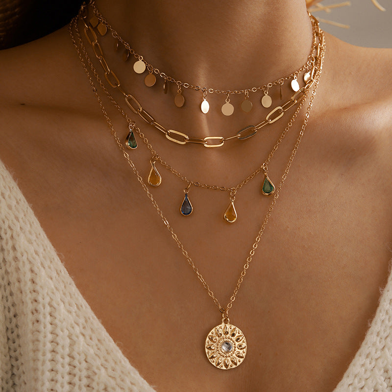(Stainless)Boho Multi-Layered Gold Alloy Necklaces with Teardrop Charms and Sun Medallion