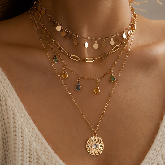 (Stainless)Boho Multi-Layered Gold Alloy Necklaces with Teardrop Charms and Sun Medallion