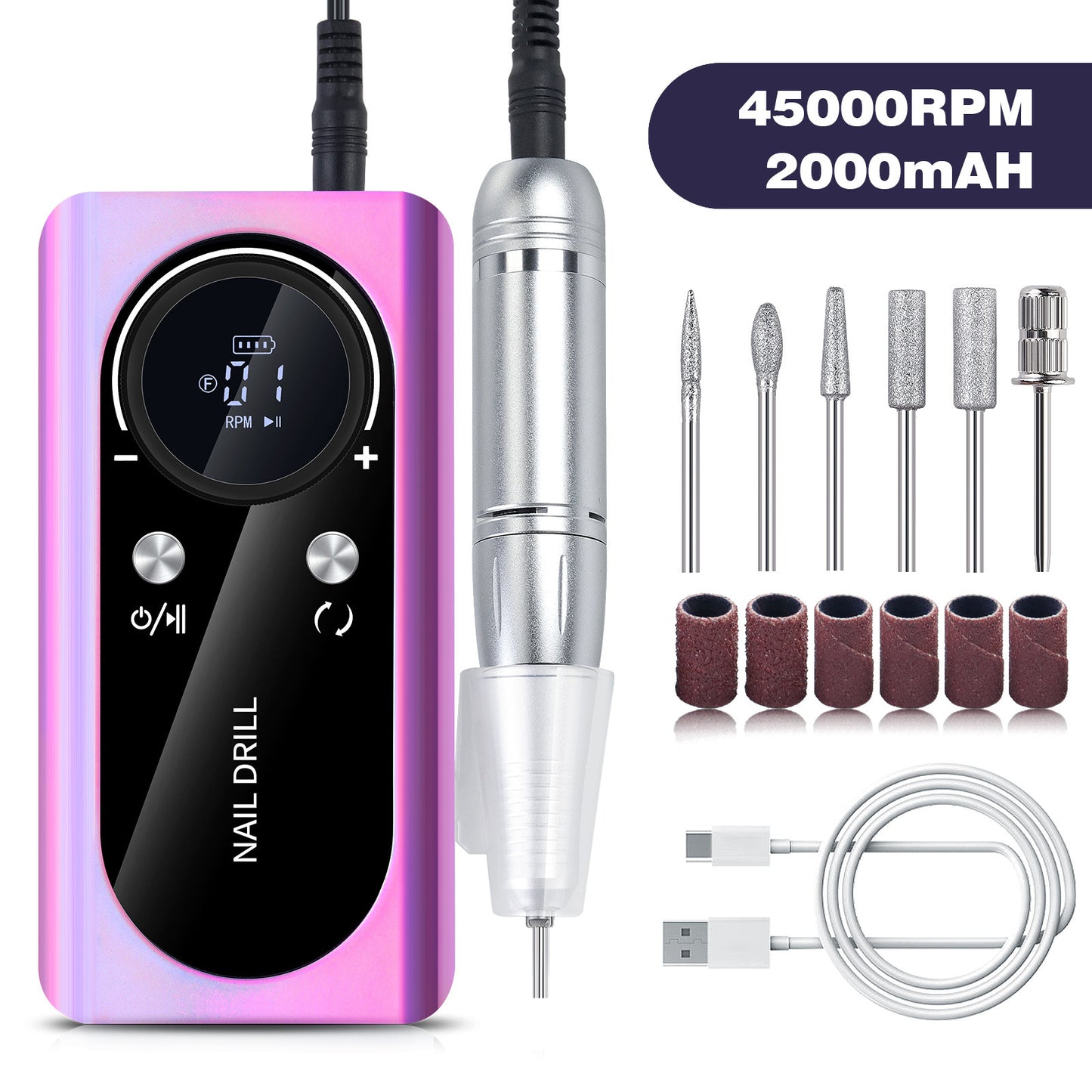 Portable Rechargeable Nail Drill 45000 RPM - Electric Nail File Efile Nail Drill Professional Manicure with 6PCS Nail Drill Bits