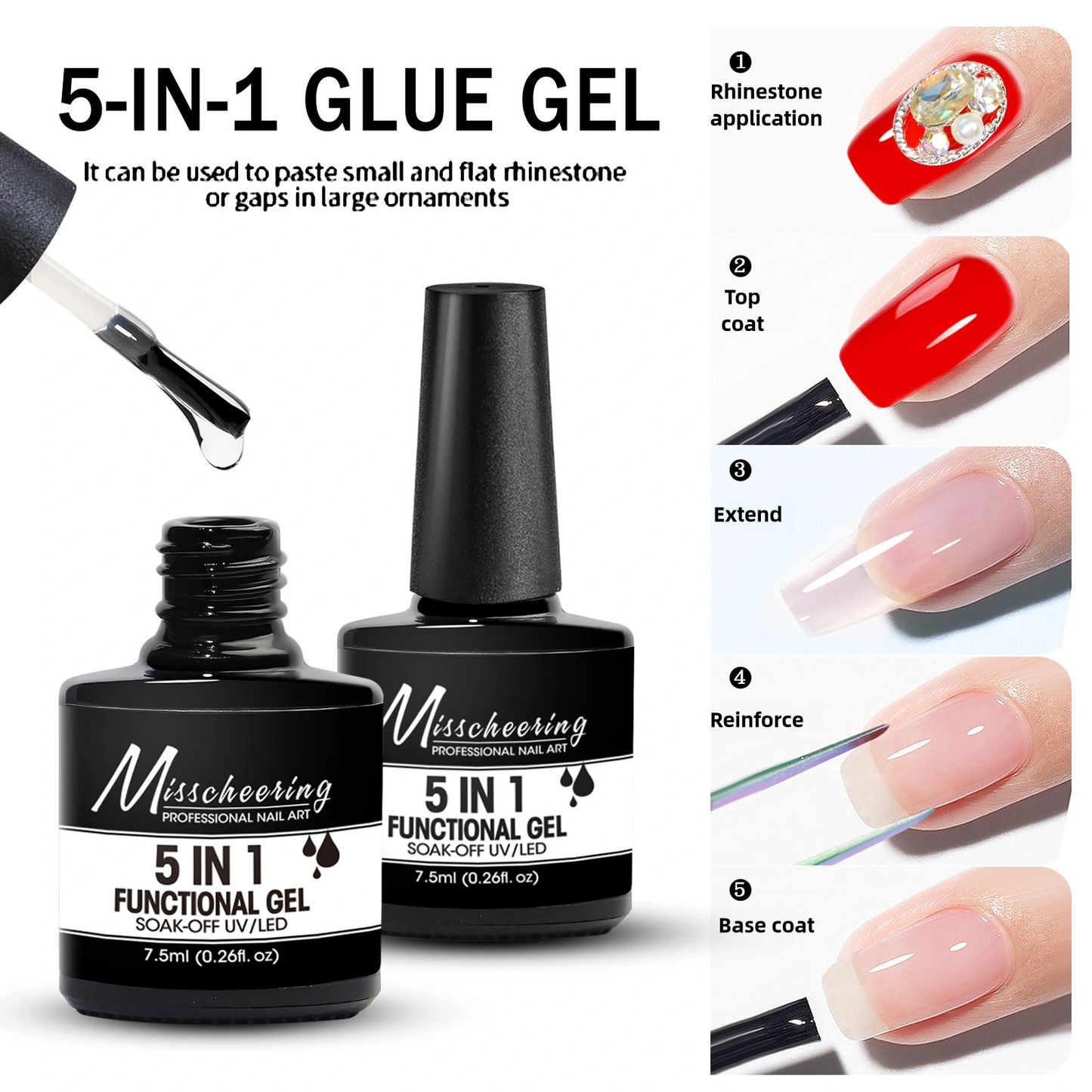 5 in 1, Nail Base Gel, Top Gel, Extension Gel (Builder Gel), Reinforcing gel, Strengthener Hard Gel in ONE Bottle