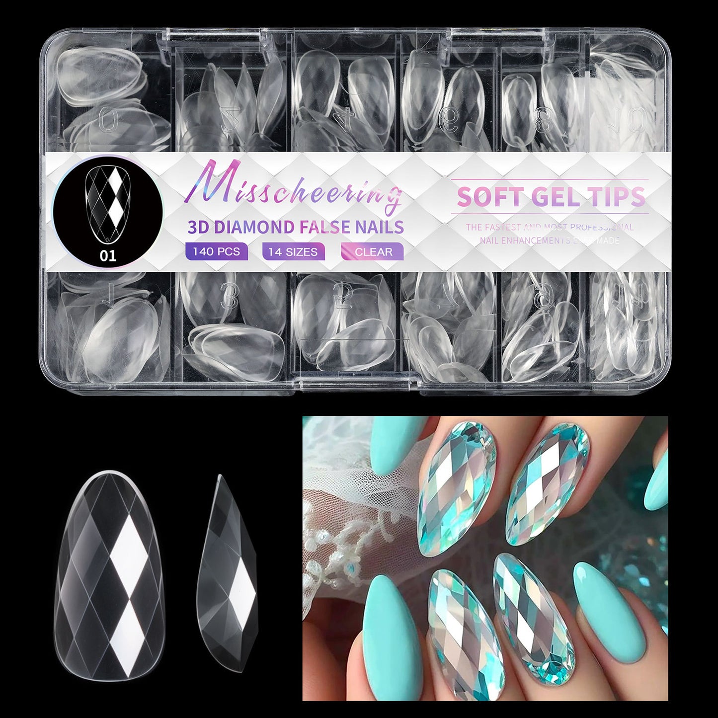 12 Different 3D Diamond Shape Designs Almond Nail Tips 120/140pcs Medium Nail Tips 14 Sizes Almond Shape Full Cover Acrylic Nails Clear Fake Nails for Nail Extension