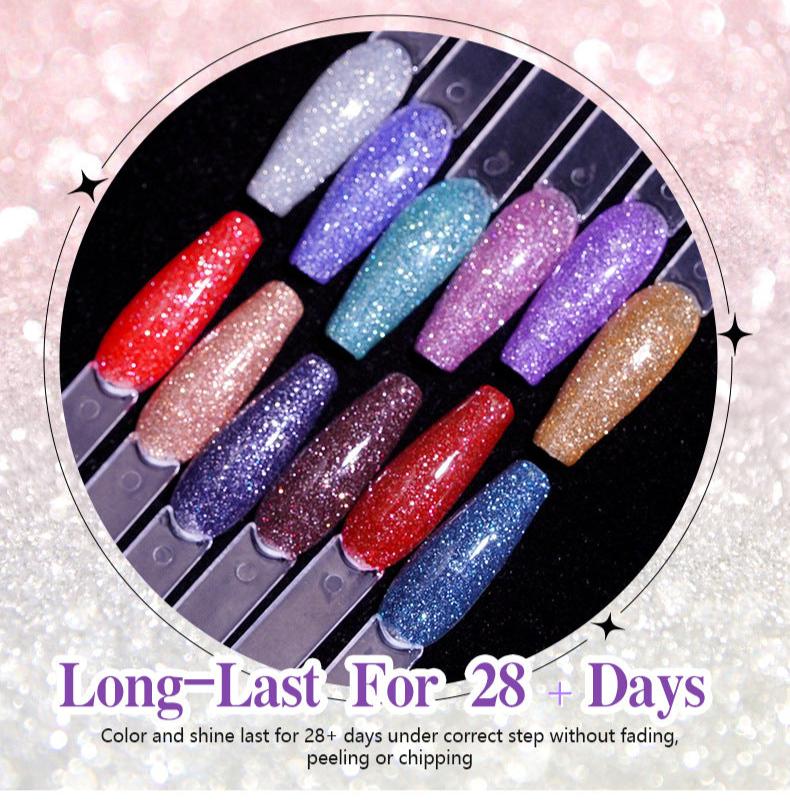 7.3ml Diamond Gel Nail Polish with 12 Different Color, Reflective Glitter Gel Polish, Sparkly Shiny Gel Nail Art Varnish Manicure Kit, Soak Off LED Lamp