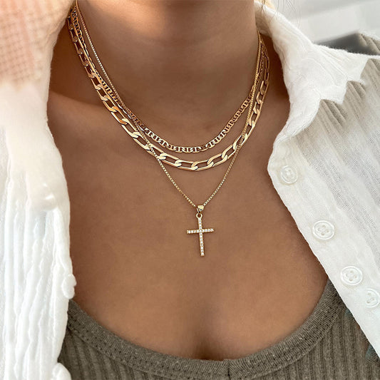 (Stainless)Chic Elegance Layered Chain Necklace with Cross Pendant: Fashion Meets Faith