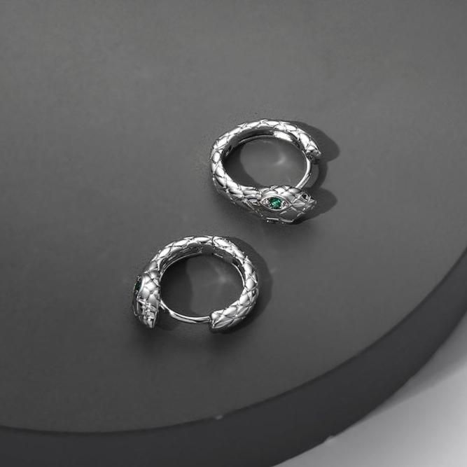 (Stainless)Snake-Embrace Alloy Hoop Earrings with Green Gem Eyes