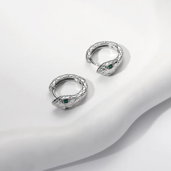 (Stainless)Snake-Embrace Alloy Hoop Earrings with Green Gem Eyes
