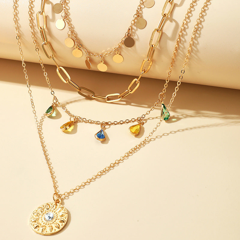 (Stainless)Boho Multi-Layered Gold Alloy Necklaces with Teardrop Charms and Sun Medallion