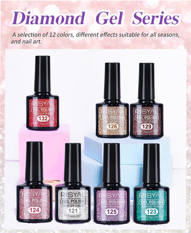 7.3ml Diamond Gel Nail Polish with 12 Different Color, Reflective Glitter Gel Polish, Sparkly Shiny Gel Nail Art Varnish Manicure Kit, Soak Off LED Lamp