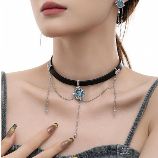 (Stainless)Edgy Blue Ice-Flower Glass Choker