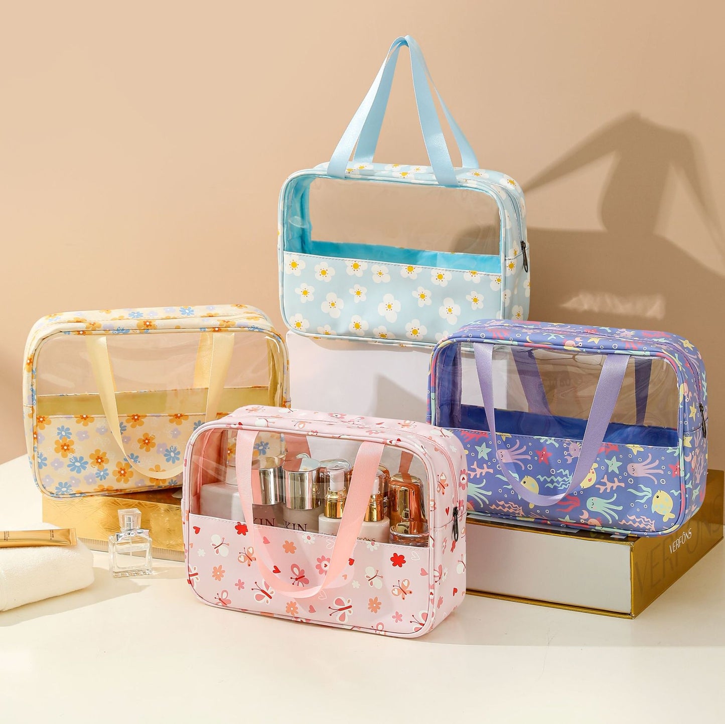 Yellow Floral Cosmetic Bags, PU Leather Clear Makeup Bag Travel Makeup Bag