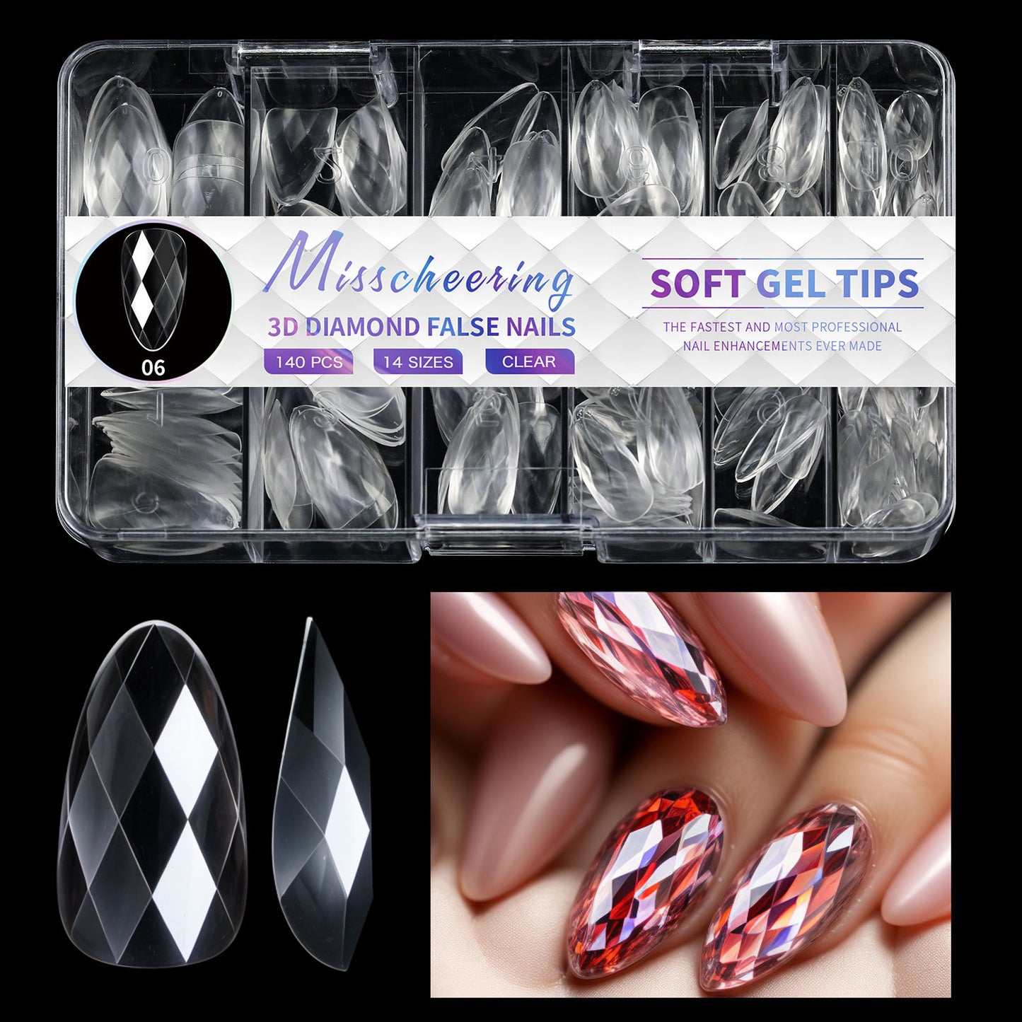 12 Different 3D Diamond Shape Designs Almond Nail Tips 120/140pcs Medium Nail Tips 14 Sizes Almond Shape Full Cover Acrylic Nails Clear Fake Nails for Nail Extension