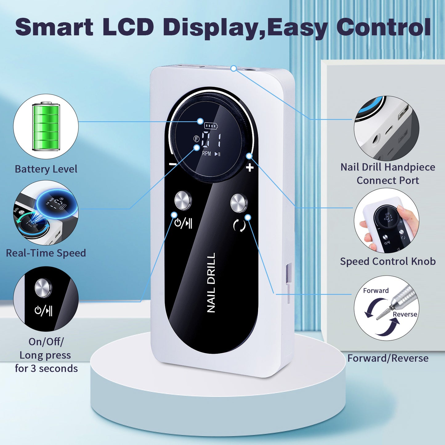 Portable Rechargeable Nail Drill 45000 RPM - Electric Nail File Efile Nail Drill Professional Manicure with 6PCS Nail Drill Bits