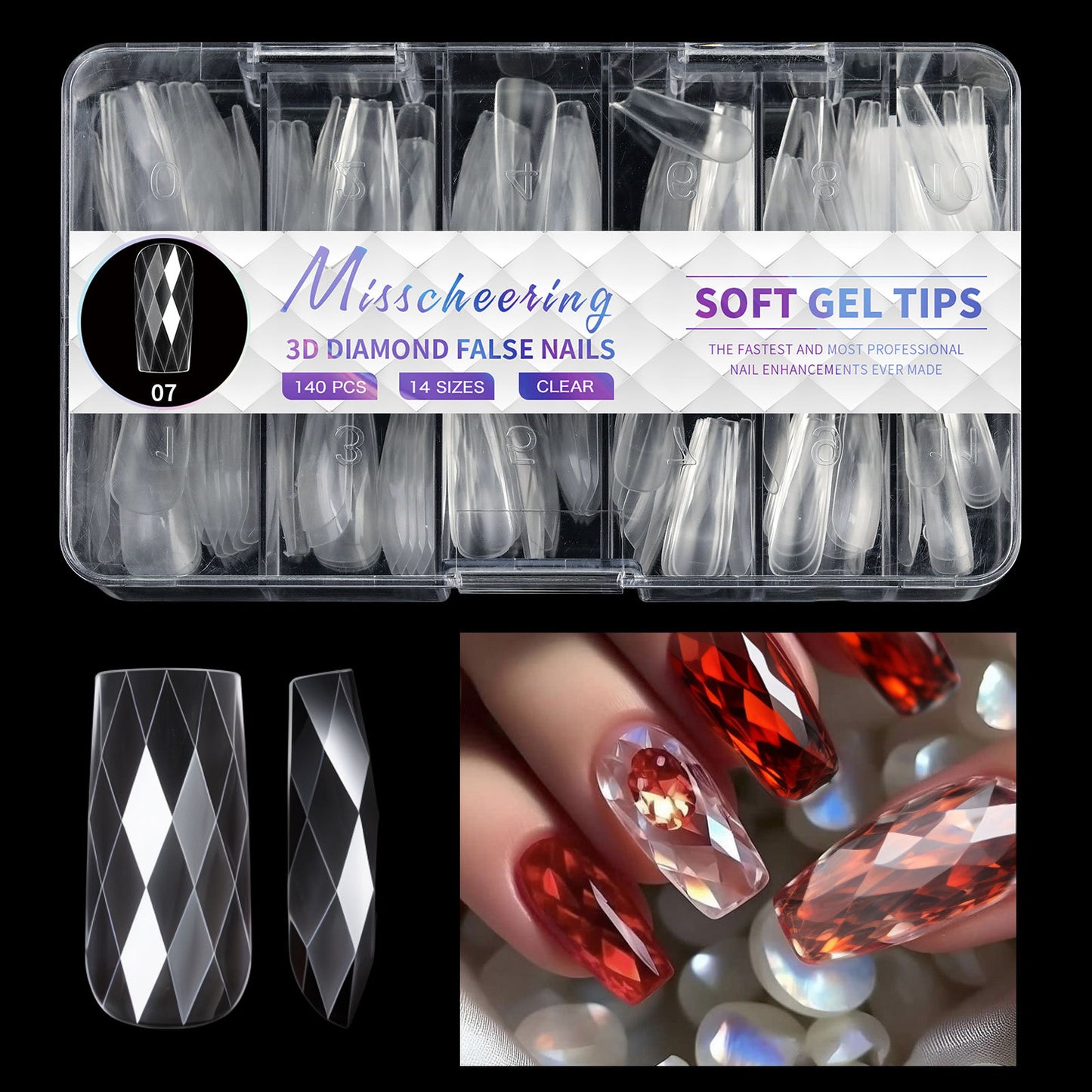 12 Different 3D Diamond Shape Designs Almond Nail Tips 120/140pcs Medium Nail Tips 14 Sizes Almond Shape Full Cover Acrylic Nails Clear Fake Nails for Nail Extension