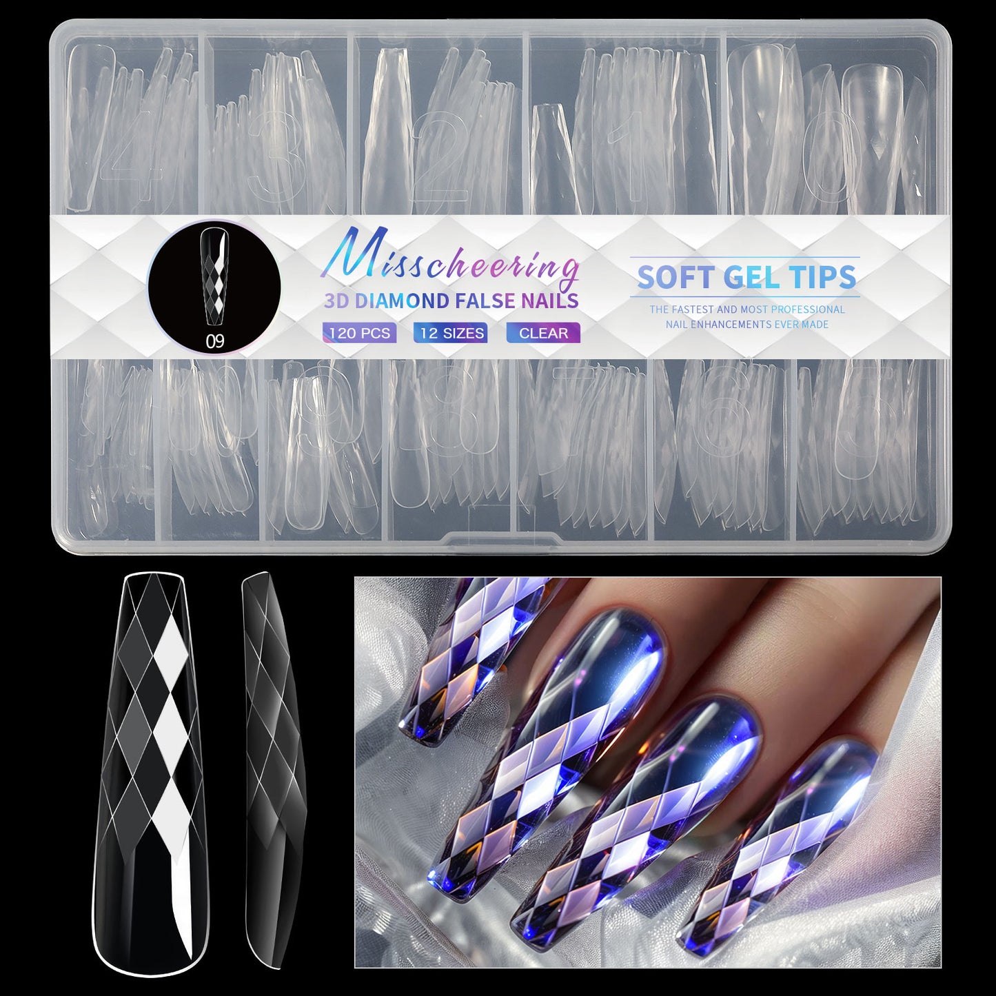 12 Different 3D Diamond Shape Designs Almond Nail Tips 120/140pcs Medium Nail Tips 14 Sizes Almond Shape Full Cover Acrylic Nails Clear Fake Nails for Nail Extension