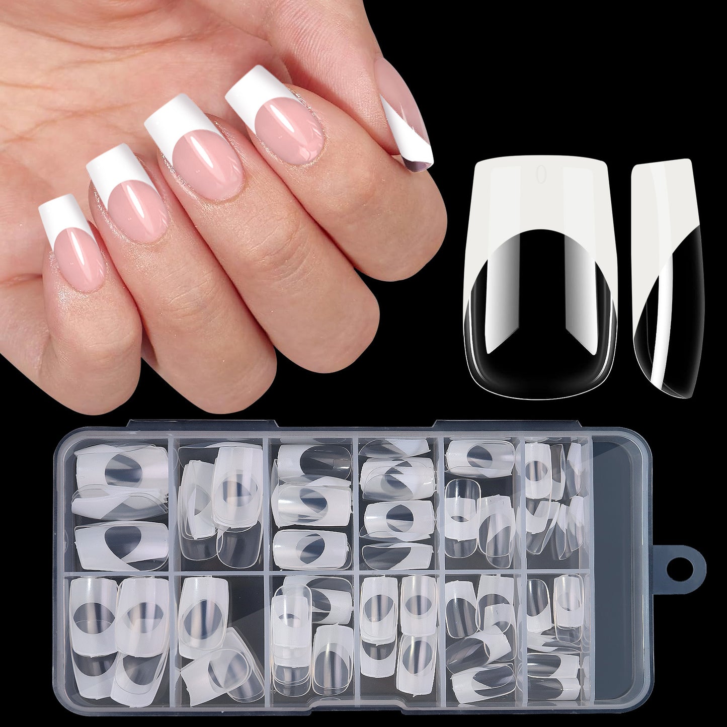 120PCS Almond French Tip Nails & Coffin French Tip Nails & Square French Tip Nails (11 different sizes)