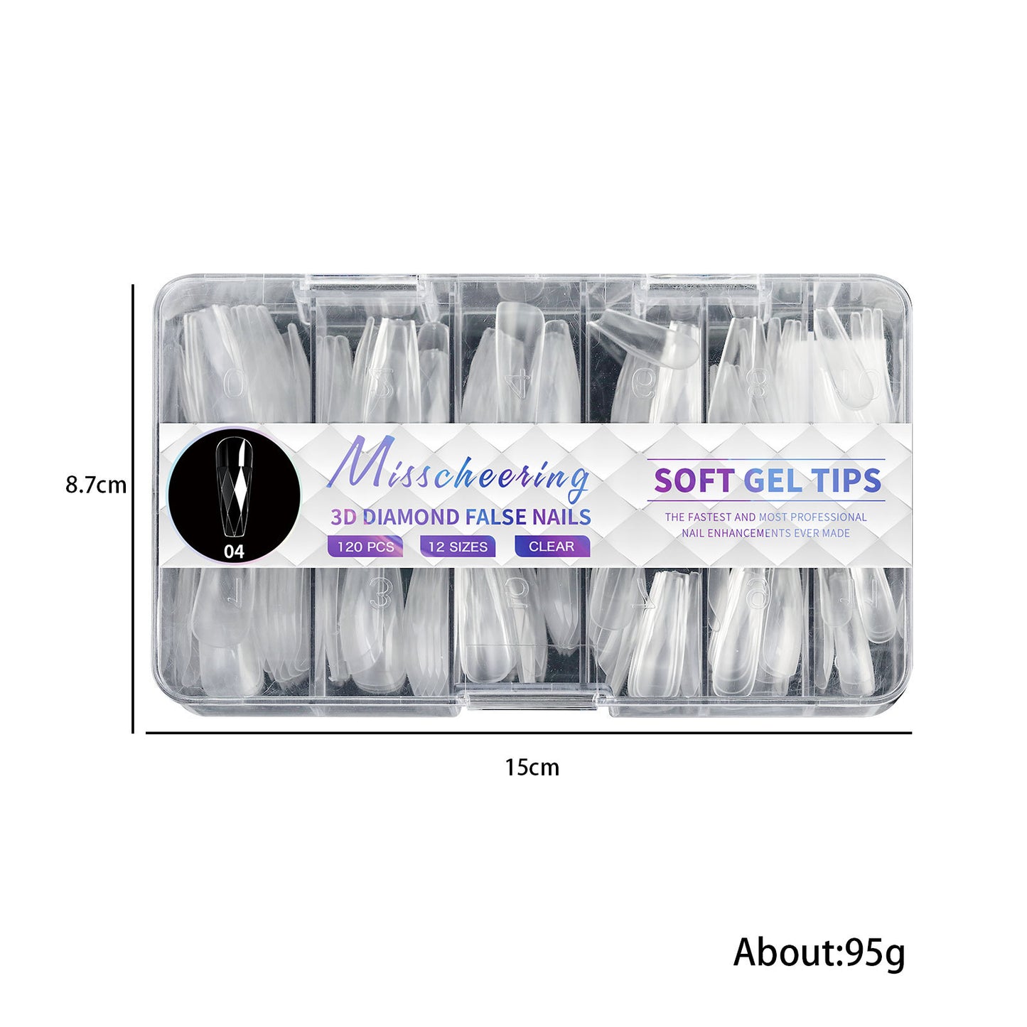 12 Different 3D Diamond Shape Designs Almond Nail Tips 120/140pcs Medium Nail Tips 14 Sizes Almond Shape Full Cover Acrylic Nails Clear Fake Nails for Nail Extension