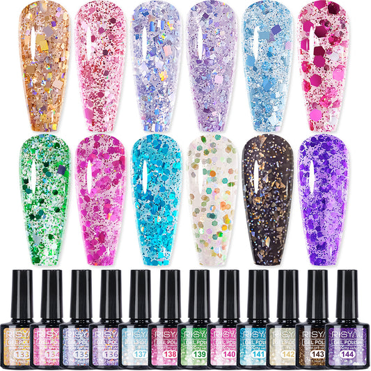 7.3ml Reflective Glitter Gel Polish (12 different color), Sparkly Shiny Gel Nail Art Varnish Manicure Kit, Soak Off LED Lamp