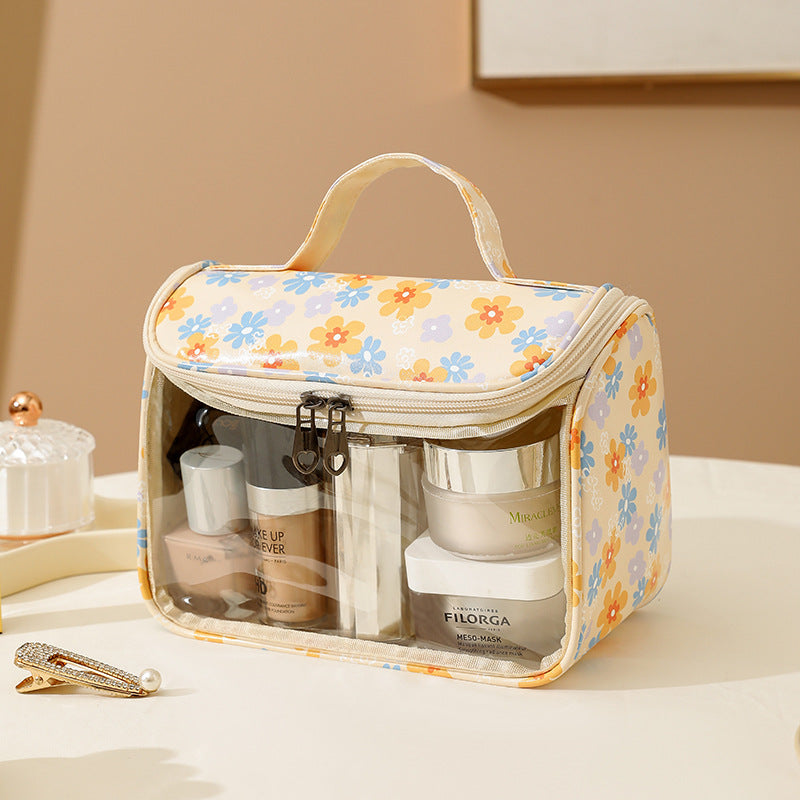 Yellow Floral Cosmetic Bags, PU Leather Clear Makeup Bag Travel Makeup Bag