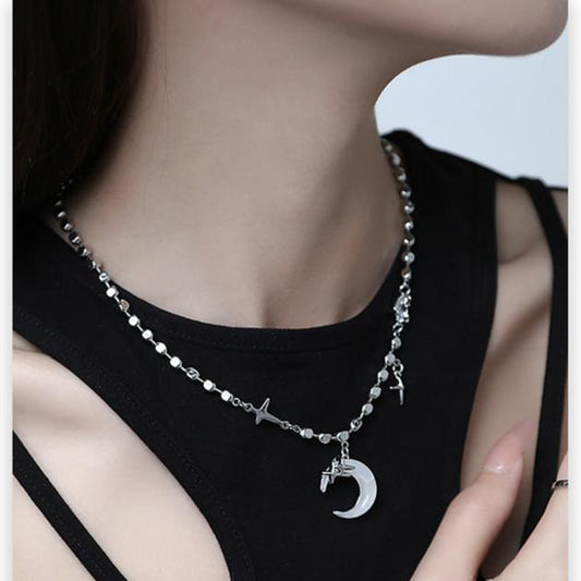(Stainless)Celestial Charm Necklace with Moon and Stars