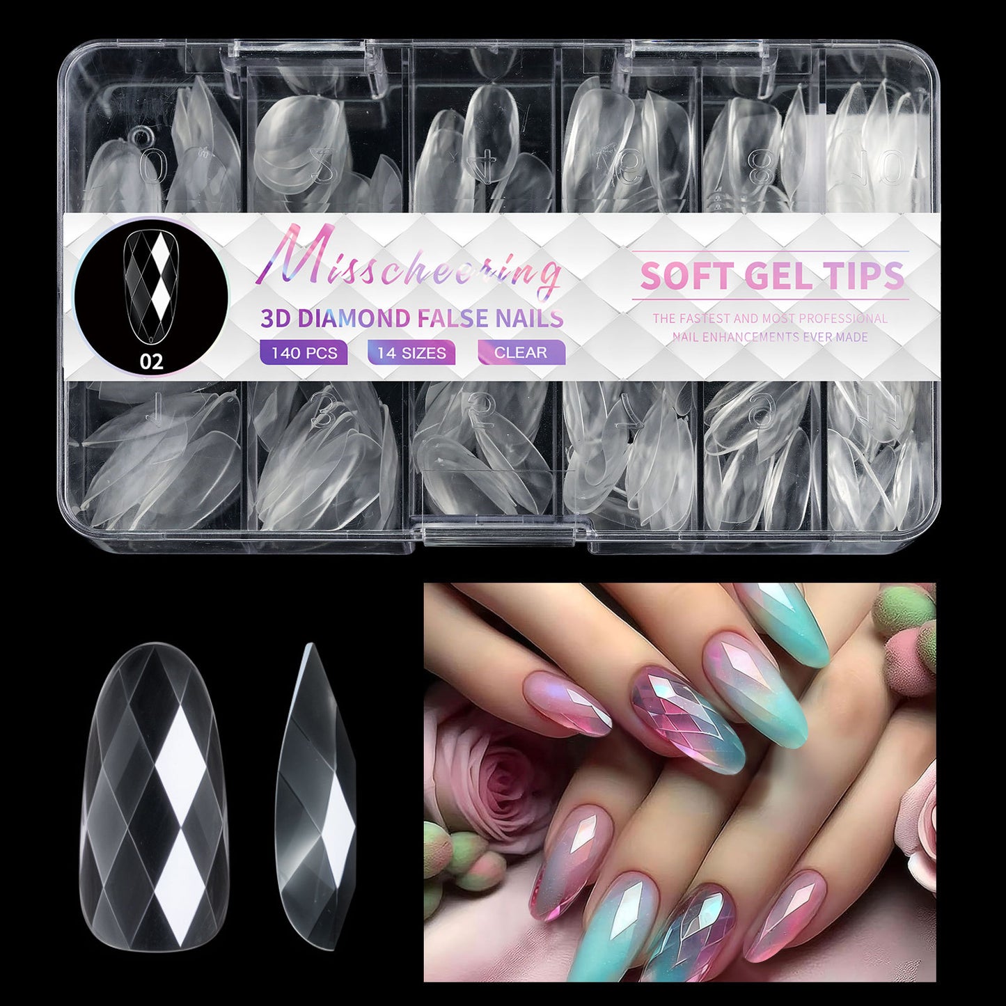 12 Different 3D Diamond Shape Designs Almond Nail Tips 120/140pcs Medium Nail Tips 14 Sizes Almond Shape Full Cover Acrylic Nails Clear Fake Nails for Nail Extension