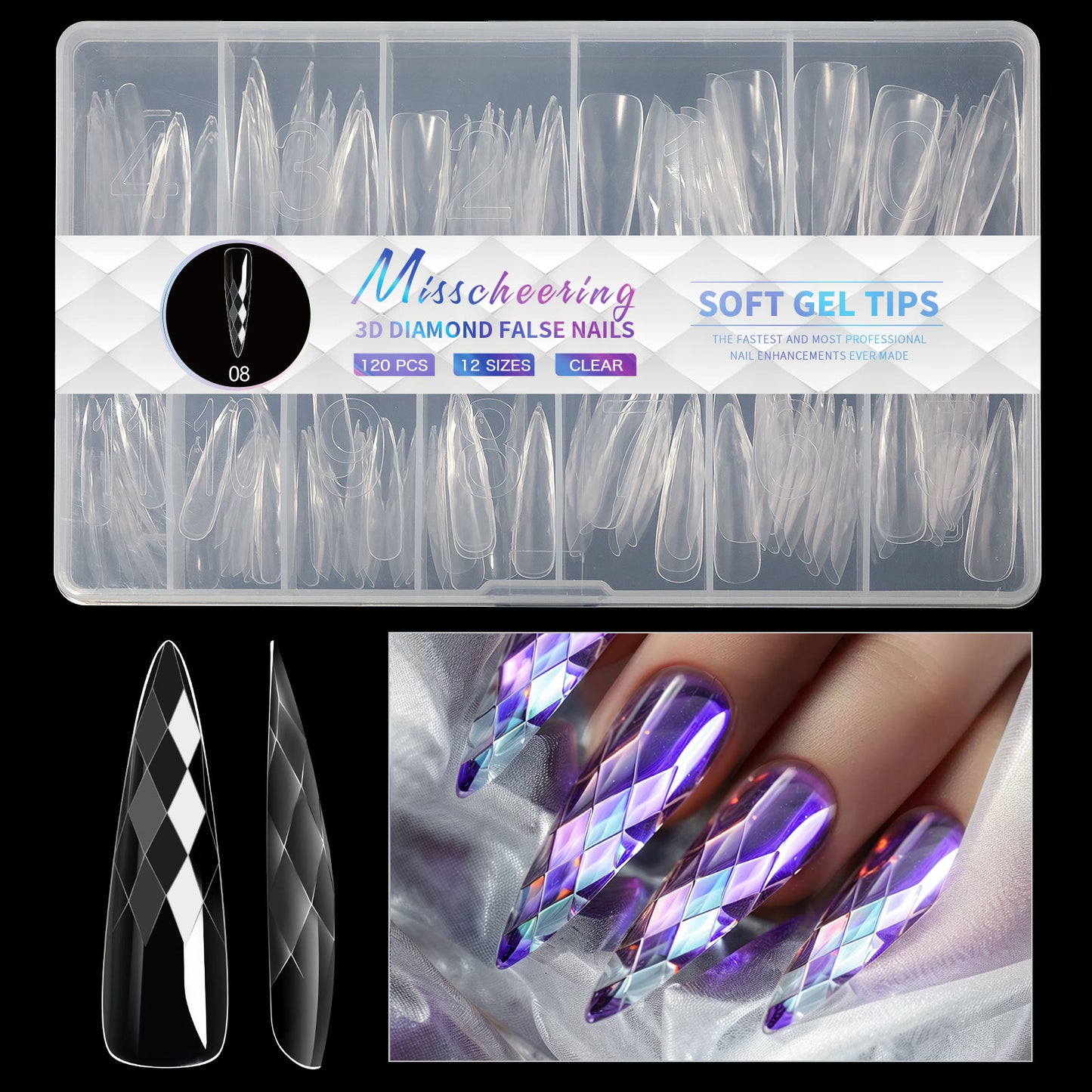 12 Different 3D Diamond Shape Designs Almond Nail Tips 120/140pcs Medium Nail Tips 14 Sizes Almond Shape Full Cover Acrylic Nails Clear Fake Nails for Nail Extension