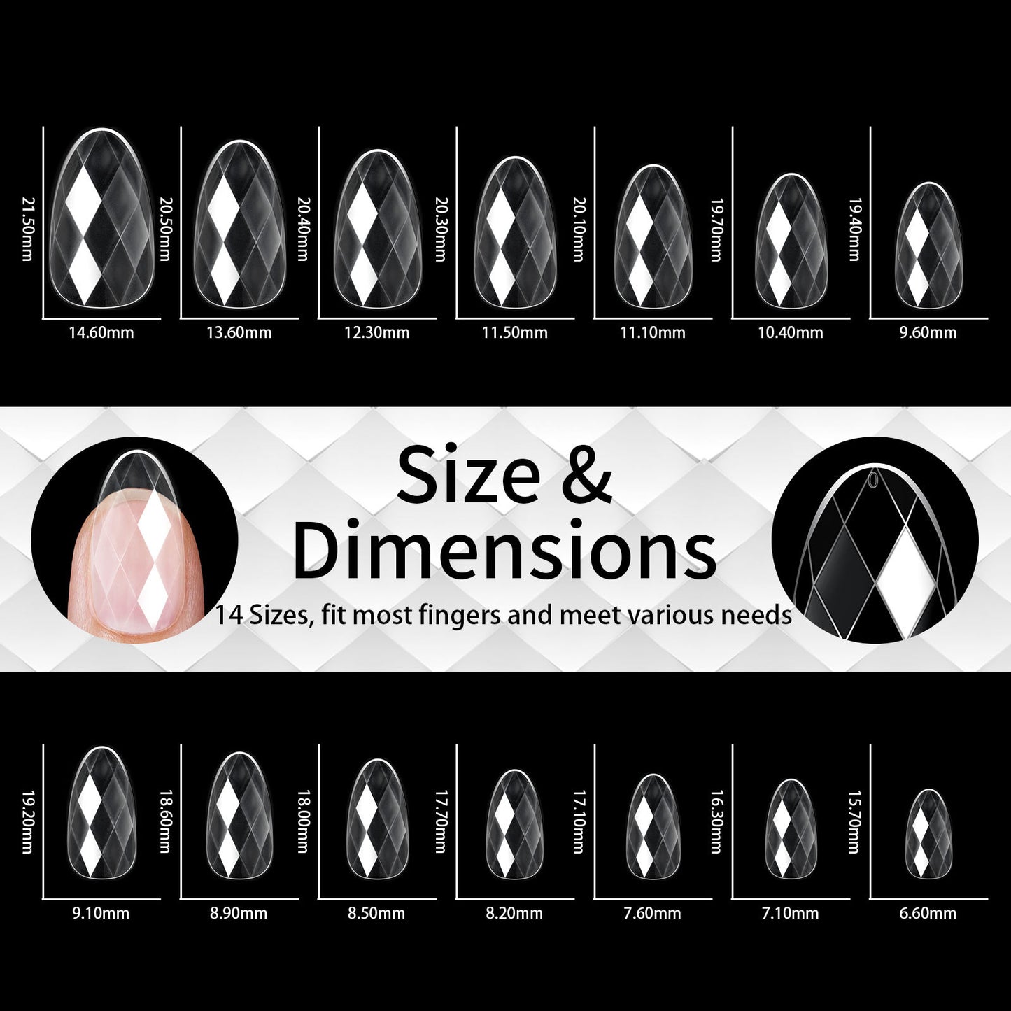12 Different 3D Diamond Shape Designs Almond Nail Tips 120/140pcs Medium Nail Tips 14 Sizes Almond Shape Full Cover Acrylic Nails Clear Fake Nails for Nail Extension