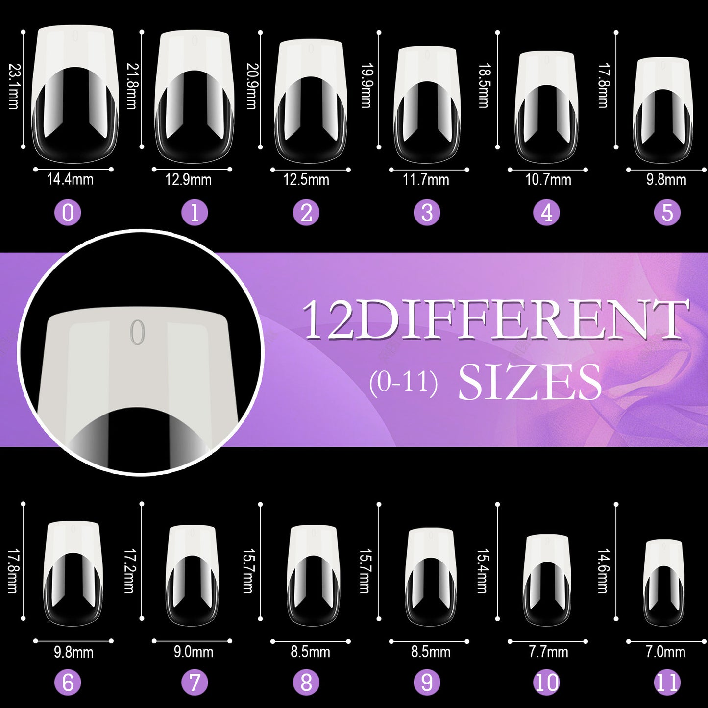 120PCS Almond French Tip Nails & Coffin French Tip Nails & Square French Tip Nails (11 different sizes)