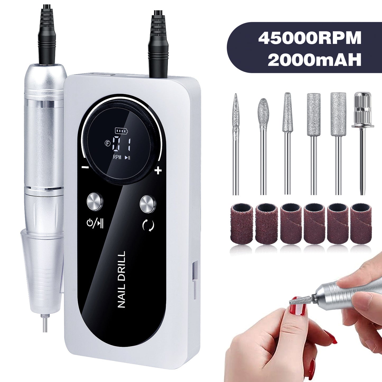 Portable Rechargeable Nail Drill 45000 RPM - Electric Nail File Efile Nail Drill Professional Manicure with 6PCS Nail Drill Bits