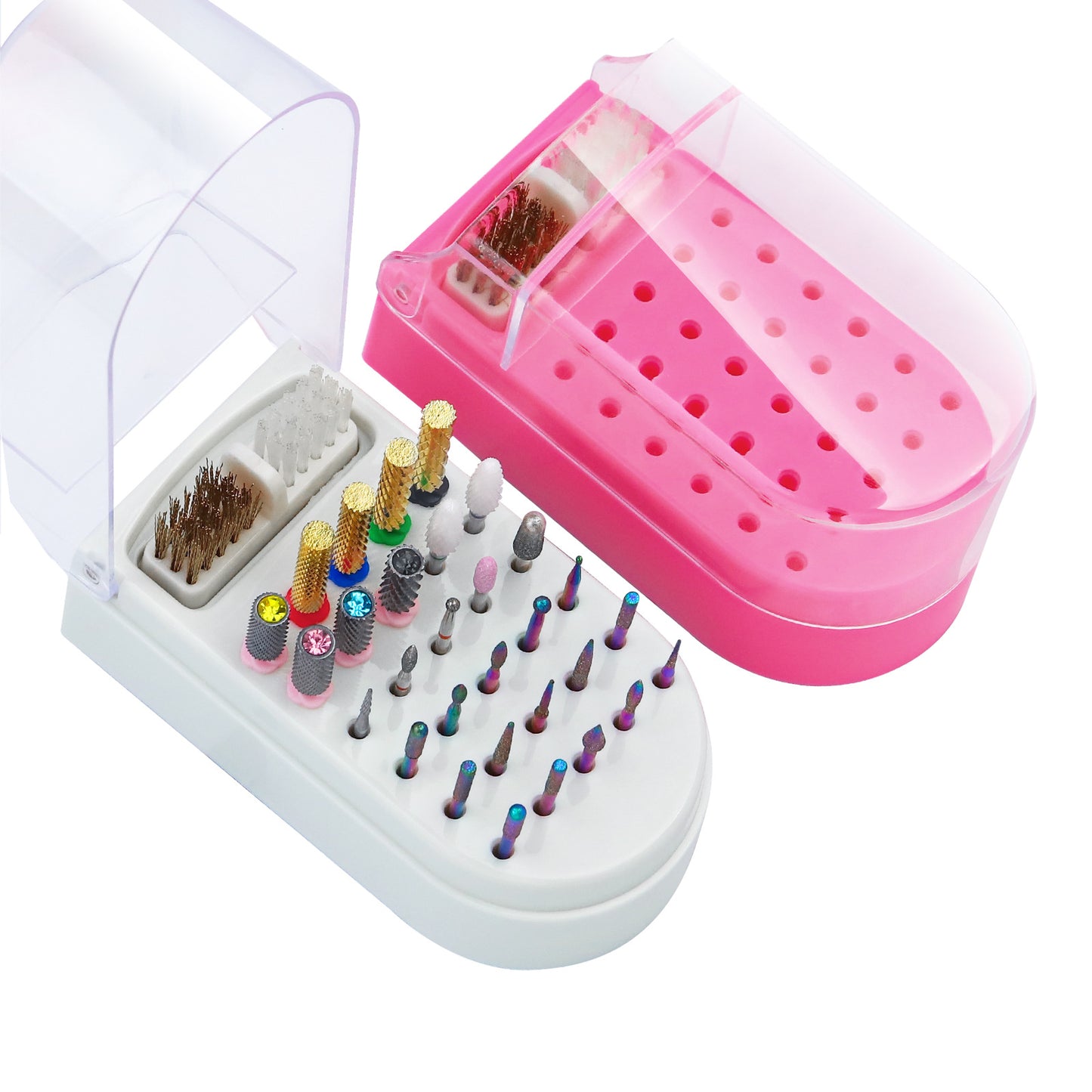 2 in 1 Nail Drill Bit Holder and Nail Drill Bits Cleaner Brush Case, 30 Holes Dust-proof Nail Bit Holder Organizer Display Storage Box, Nail Bit Cleaning