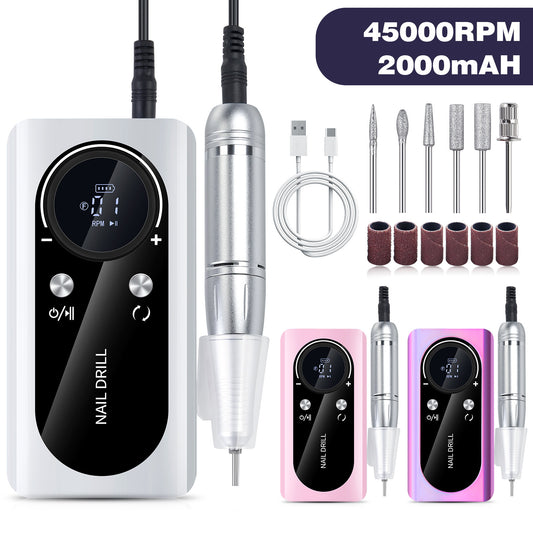 Portable Rechargeable Nail Drill 45000 RPM - Electric Nail File Efile Nail Drill Professional Manicure with 6PCS Nail Drill Bits